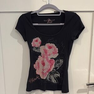 White House Black Market Black Tee with Pink Floral Design